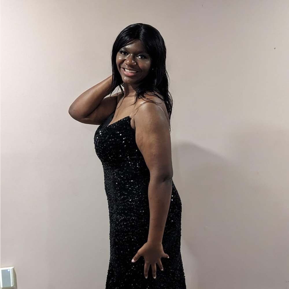 Macy’s blue and black dress for prom in homecoming